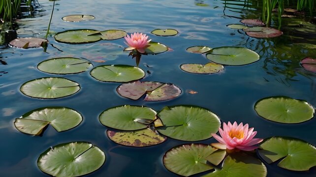   A tranquil oasis with water lilies floating on the surface, and colorful fish visible beneath the clear water --ar 3:2 --v 4