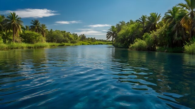 A vibrant oasis under a bright blue sky, shimmering water with gentle ripples, and lush vegetation along the banks --ar 3:2 --v 4