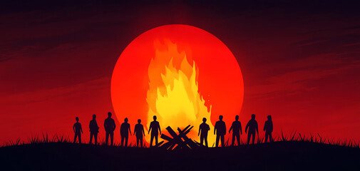 Fototapeta premium Silhouetted figures gather around a campfire against a dramatic sunset backdrop, evoking a sense of community and adventure.