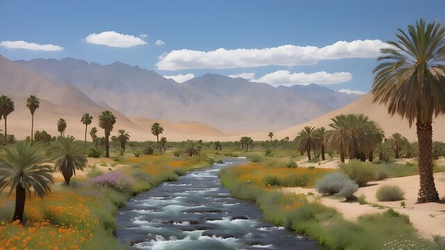  A narrow stream flowing through an oasis, lined with date palms and wildflowers, with a distant rocky mountain range --ar 3:2 --v 4