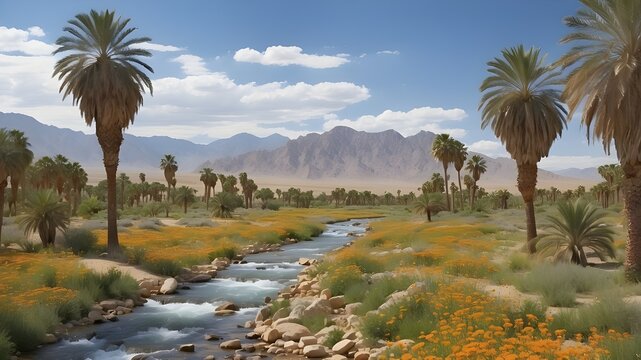  A narrow stream flowing through an oasis, lined with date palms and wildflowers, with a distant rocky mountain range --ar 3:2 --v 4