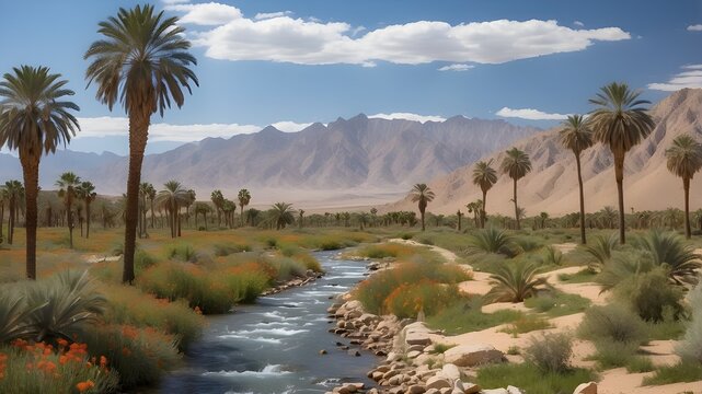  A narrow stream flowing through an oasis, lined with date palms and wildflowers, with a distant rocky mountain range --ar 3:2 --v 4
