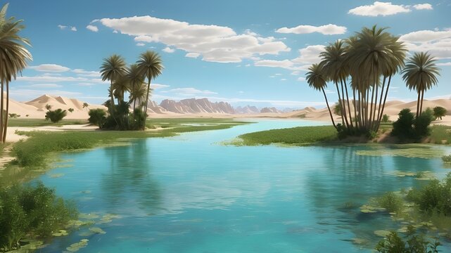   A hidden oasis in the middle of a vast desert, turquoise waters with patches of green grass and tall reeds growing around the edges --ar 3:2 --v 4