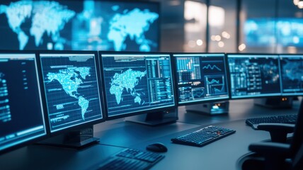 Naklejka premium A modern control room featuring multiple screens displaying global data and analytics in a futuristic setting.