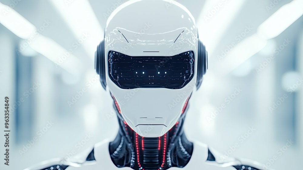 Poster futuristic robot design featuring sleek lines and advanced technology, set against a modern, illumin
