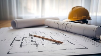 Blueprint floor plan architectural project on the table with yellow helmet and pencil