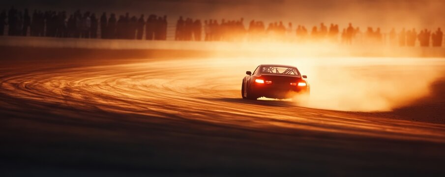 A sporty car drifting in the golden light, creating a dramatic scene with dust and motion, perfect for automotive enthusiasts.