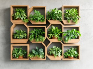 Modern wall shelf with lush green plants in stylish wooden pots, perfect for home decor and interior design inspiration.