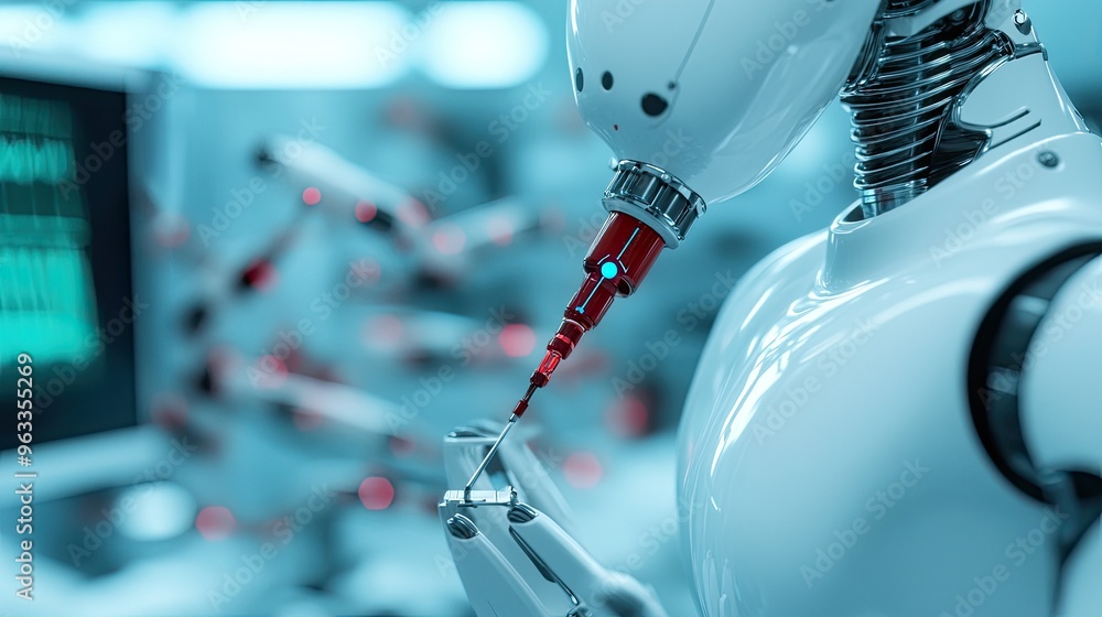Poster futuristic robot holding a tool in a high-tech lab environment, showcasing advanced technology and a