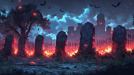 A spooky graveyard with flames and bats.