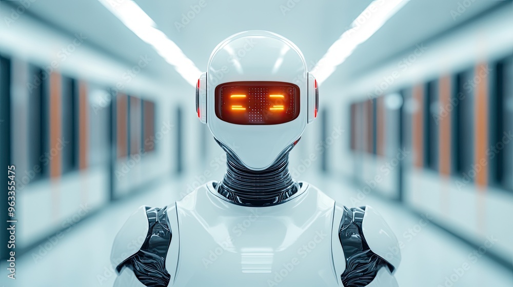 Poster futuristic robot standing in a modern corridor, showcasing advanced technology and innovation in art