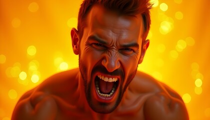 A middle-aged Caucasian man with short dark hair and a beard, screaming with an intense, angry expression on his face against a fiery orange background