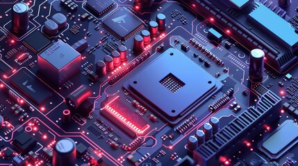 Fototapeta premium High-Tech Motherboard with Illuminated Red LEDs