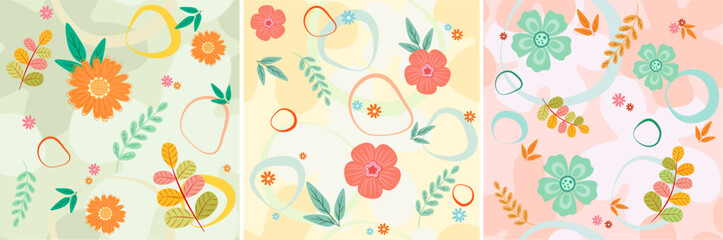 Set of three flower seamless pattern. cute flower, colorful. background.