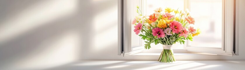 Colorful bouquet of fresh flowers placed on a windowsill, brightening up the room with natural light and warmth.