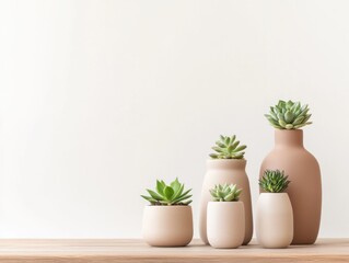 Stylish arrangement of various succulents in modern pottery on a wooden surface against a light background for aesthetic decor.
