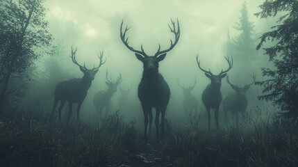 A group of deer stand in a misty forest.