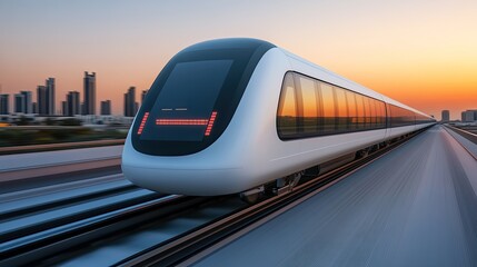 Fototapeta premium Futuristic train traveling at sunset, showcasing modern transportation technology against a city skyline.