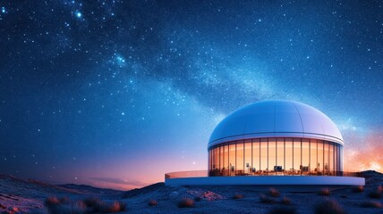Obraz premium A stunning dome observatory bathed in twilight, surrounded by a starry sky and desert landscape, inviting celestial exploration.