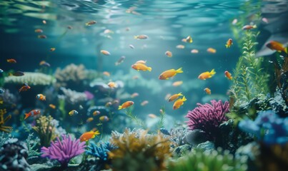 Naklejka premium Underwater with colorful sea life fishes and plant at seabed background, Colorful Coral reef landscape in the deep of ocean. Marine life concept, Underwater world scene