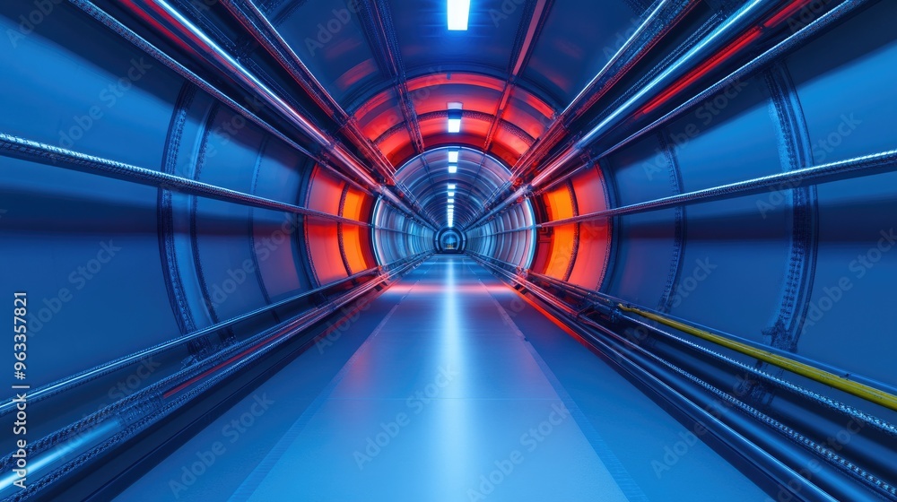Poster futuristic tunnel with vibrant neon lights creating a dynamic and immersive atmosphere, ideal for sc