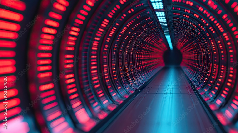 Poster futuristic tunnel with vibrant red and blue lights, creating a mesmerizing and dynamic visual effect