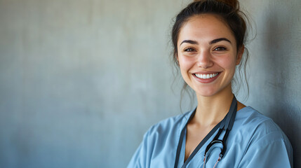 Confident young female doctor smiling in a medical facility, showcasing dedication to healthcare with stethoscope and scrubs