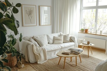 A white sofa set in a Scandinavian-styled living room, adding a crisp, clean aesthetic to the modern home.
