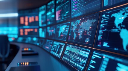 High-tech control room with multiple screens displaying data analytics and global maps, perfect for cybersecurity and monitoring themes.