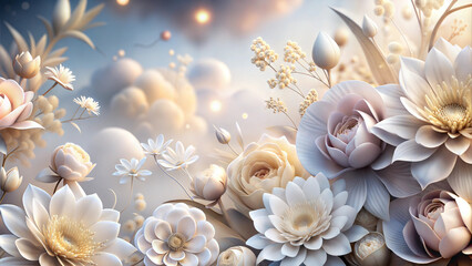 Dreamy white flowers with golden accents against a soft sunset sky