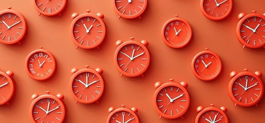 Many red alarm clocks on a red background. The clocks all show different times. A concept of time and deadlines.