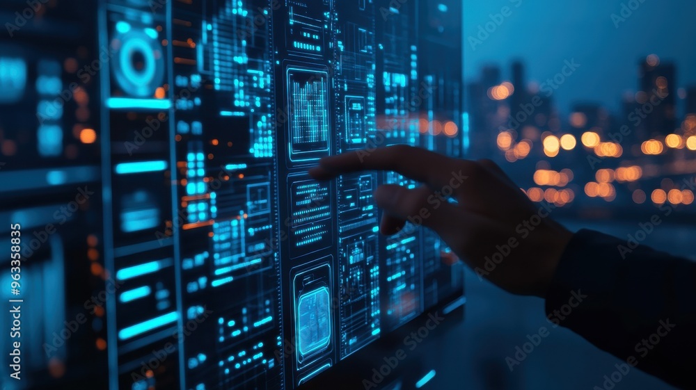 Poster a futuristic hand interacting with a digital interface, showcasing advanced technology and data mani