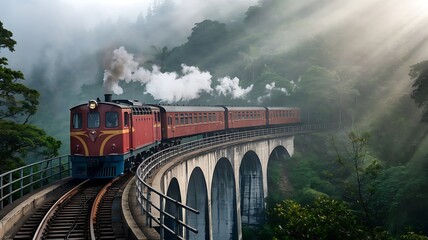 Fototapeta premium Train on the bridge in the jungle forest