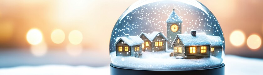 A magical snow globe featuring a charming winter village scene, complete with snowflakes and a glowing clock tower.