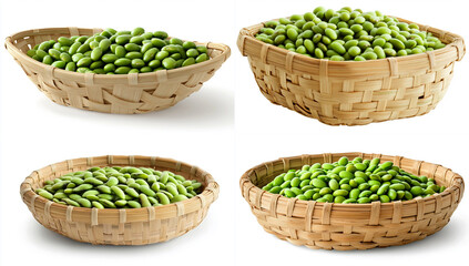 Obraz premium A bamboo basket filled with edamame beans, isolated on a white background