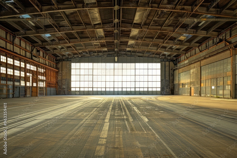 Poster sunlight is shining through the windows of an empty warehouse building