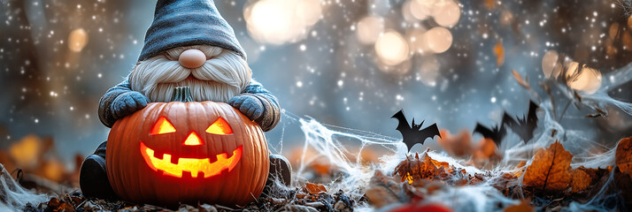 Naklejka premium Mystical gnome with a glowing jack-o'-lantern in a foggy autumn woodland