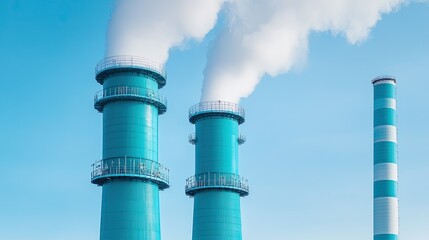 Industrial smokestacks emitting steam against a clear blue sky, symbolizing energy production and environmental impact.