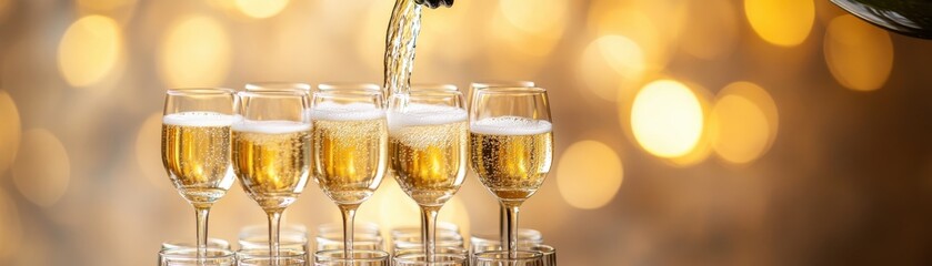 A beautiful celebration scene with golden champagne being poured into elegant glasses, creating a festive atmosphere.