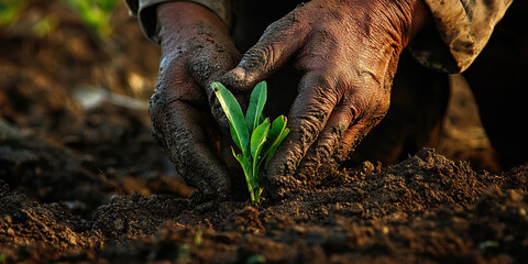 Farmer's Earthly Bond: A farmer tenderly caresses a plant in the soil, their connection to the land clear in their expression.