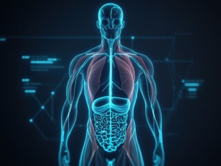 A digital illustration of the human anatomy showcasing internal organs and systems in a glowing, futuristic style.