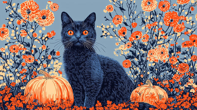A black cat sits amidst orange pumpkins and flowers.
