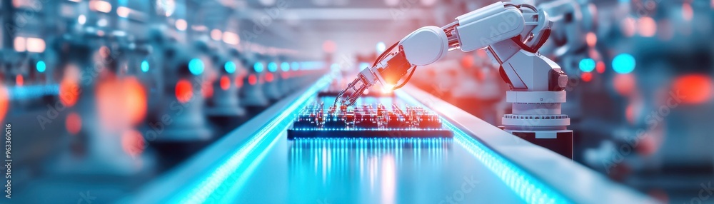 Poster close-up of a robotic arm working on a production line in a modern factory, showcasing advanced auto