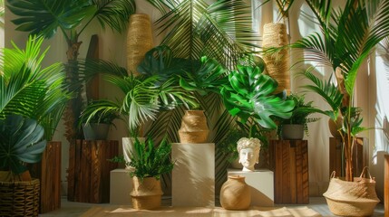 Obraz premium Tropical Beach Display with Rectangle Pedestal and Monstera Leaves