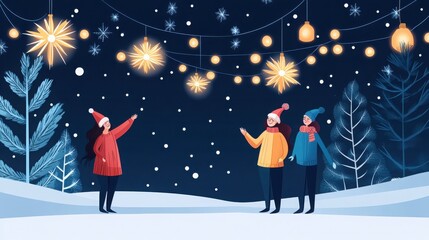 Obraz premium Festive winter night illustration featuring people in warm clothing under starry lights, surrounded by snow-covered trees and a dark sky.