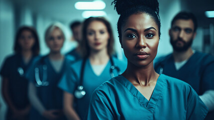 Fototapeta premium Female doctor leading a diverse medical team in a hospital corridor with confidence