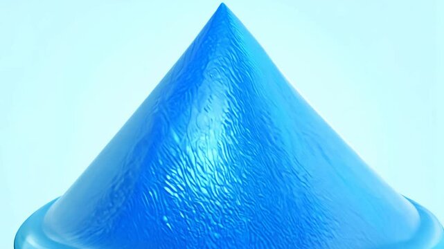 Realistic 3D animation of the abstract morphing liquid iridescent electric blue cone rendered in UHD, light blue background