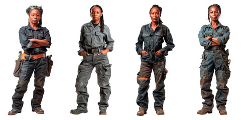 Fototapeta premium Set of portraits of a woman of African-American appearance isolated on a white or transparent background. Portrait of a young woman mechanic in dirty work clothes, Car repair and maintenance concept.