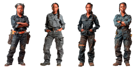 Set of portraits of a woman of African-American appearance isolated on a white or transparent background. Portrait of a young woman mechanic in dirty work clothes, Car repair and maintenance concept.