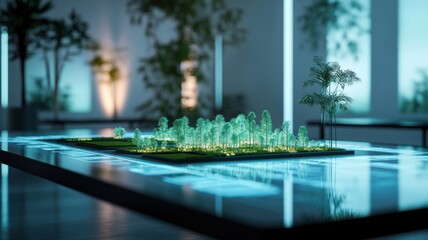 Obraz premium A futuristic model showcasing a vibrant green landscape with illuminated trees and advanced design, perfect for architectural projects.